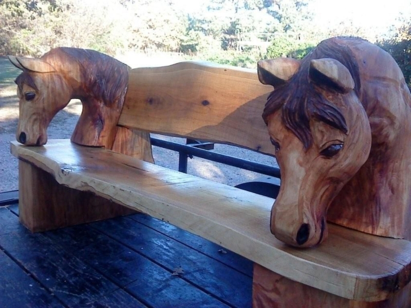 Rustic Hand-Carved Wooden Horse Bench