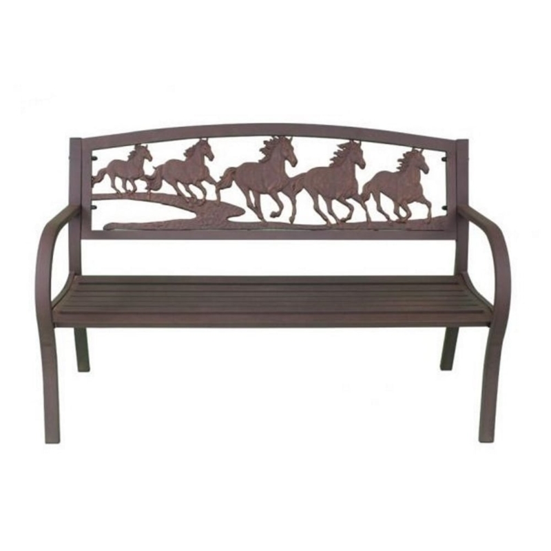 Rustic Metal Garden Bench with Horse Motif
