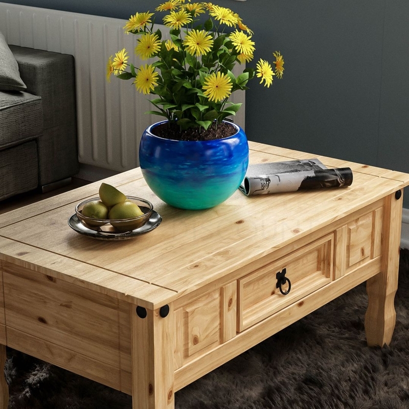 Rustic Solid Mexican Pine Coffee Table with Decor