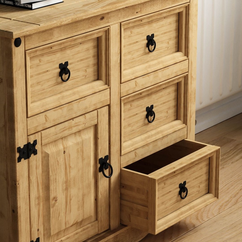 Rustic Solid Pine Wood Drawer Cabinet with Black Handles