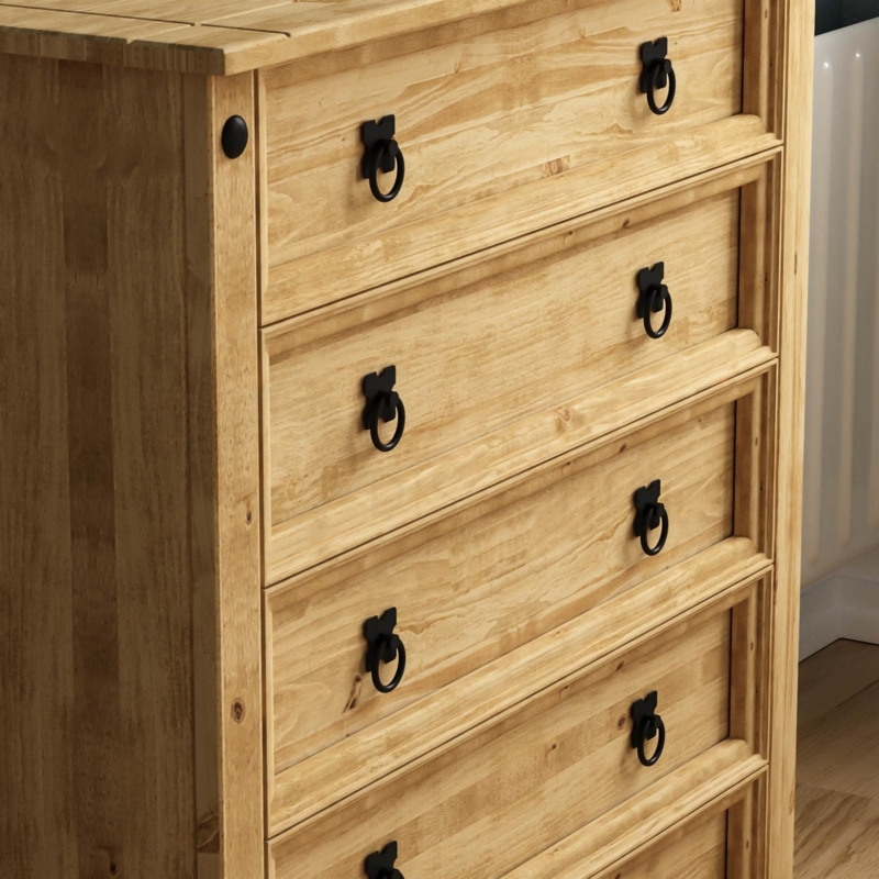 Rustic Solid Waxed Pine Five Drawer Chest