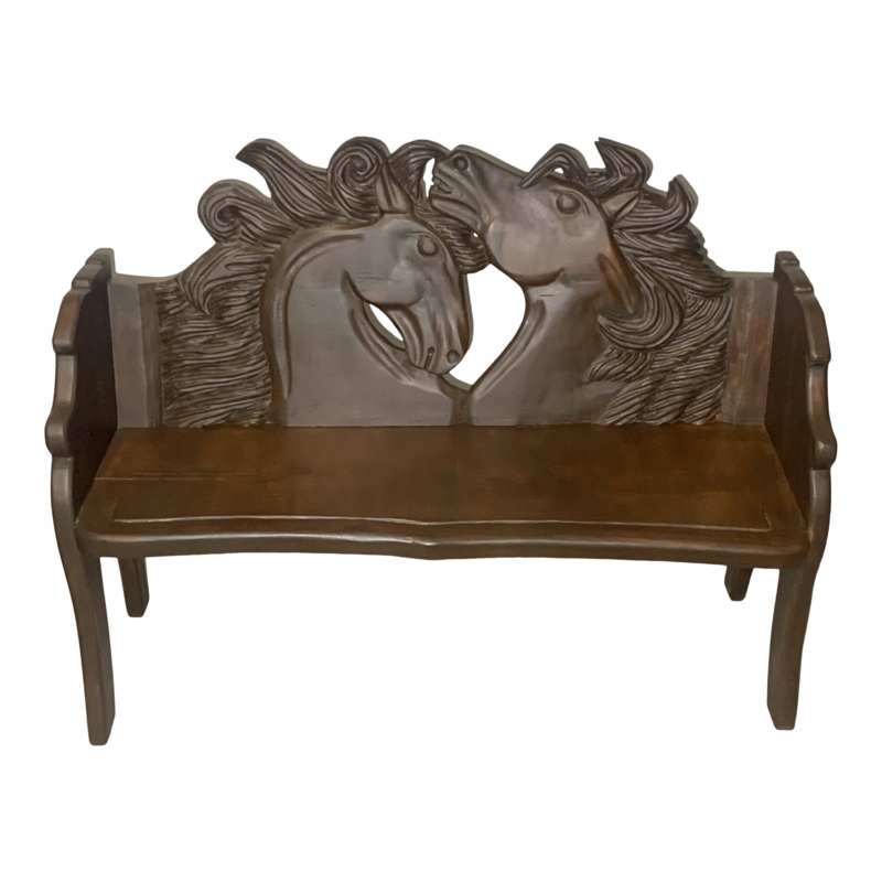 Rustic Southwestern Carved Horses Head Wooden Bench