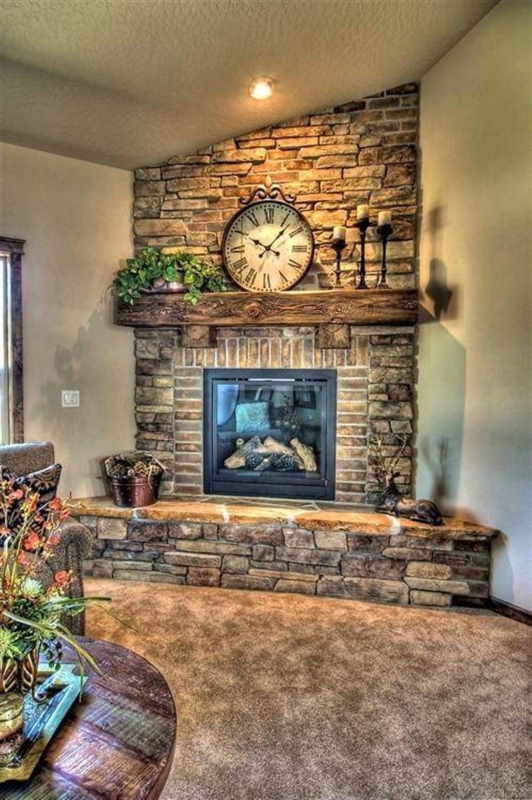 Rustic Stone and Brick Corner Fireplace Design