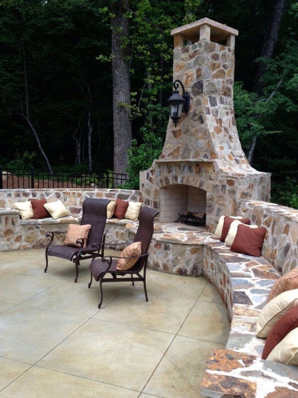 Rustic Stone Outdoor Fireplace with Curved Seating