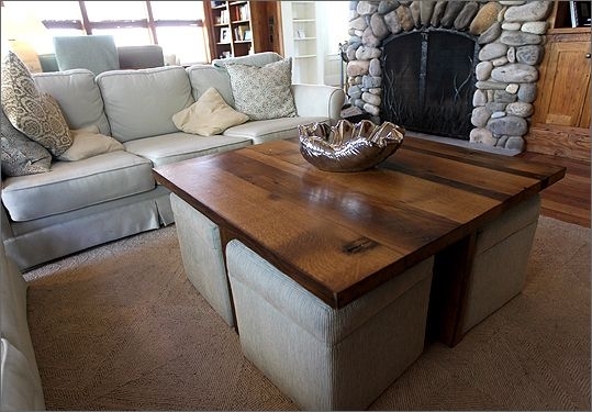 Rustic Wooden Coffee Table with Hidden Ottomans