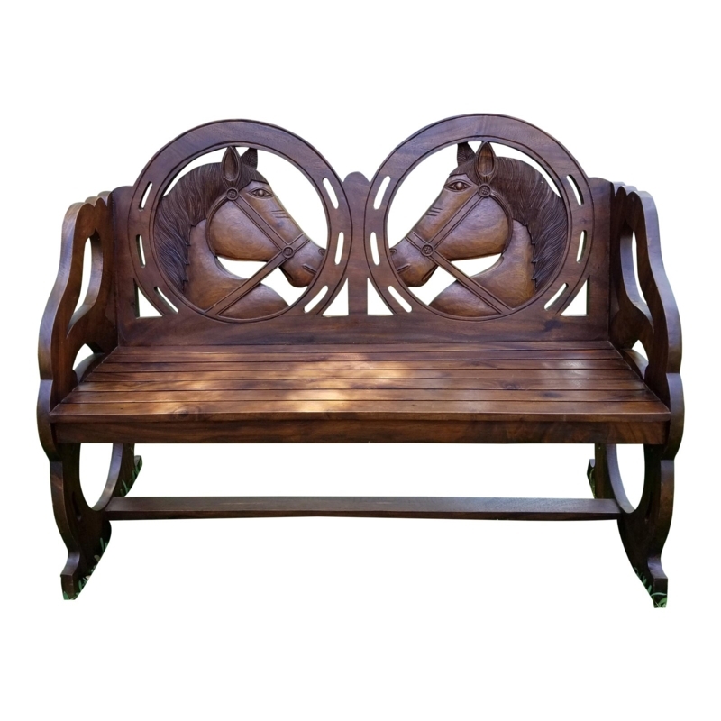 Rustic Wooden Horse Carved Bench for Entryway