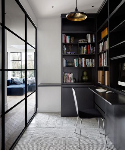 Sleek Black Built-In Home Office Desk Design