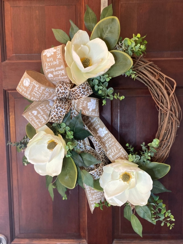 Southern Magnolia Burlap Wreath for Front Door