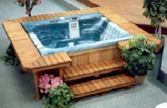 Square Redwood Hot Tub with Wood Surround and Seating