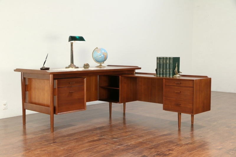 Teak Midcentury Modern L-Shape Vintage Desk Credenza