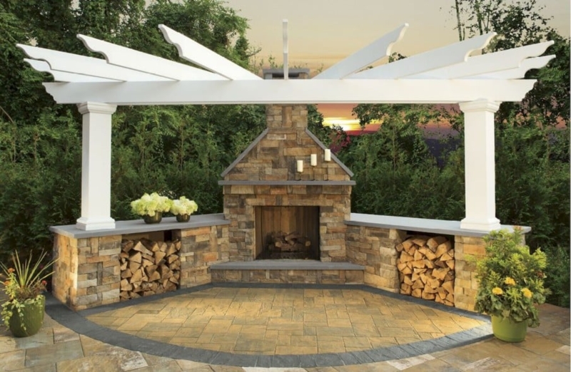 Traditional Stone Patio Fireplace with Pergola