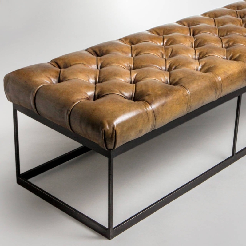 Tufted Camel Leather Bench with Metal Frame