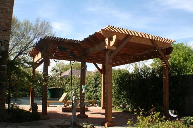Two-Level L-Shaped Wooden Pergola with Benches