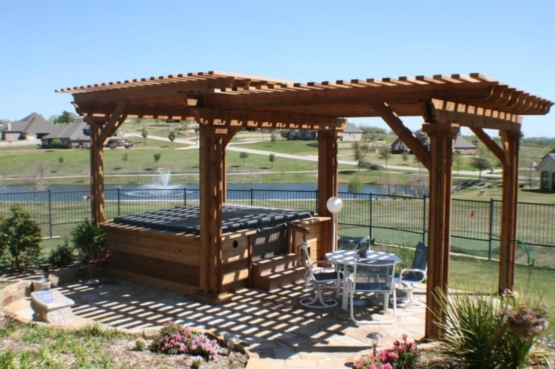 Two-Level L-Shaped Wooden Pergola with Seating Area