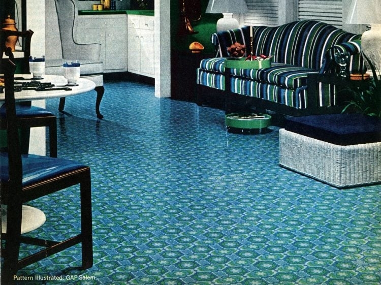 Vintage 70s Blue Geometric Vinyl Flooring Design