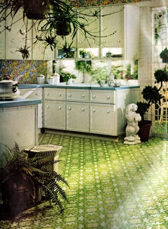 Vintage 70s Green Patterned Vinyl Kitchen Flooring