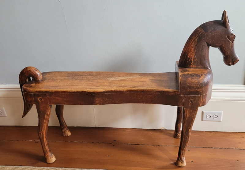 Vintage Hand Carved Wooden Horse Bench