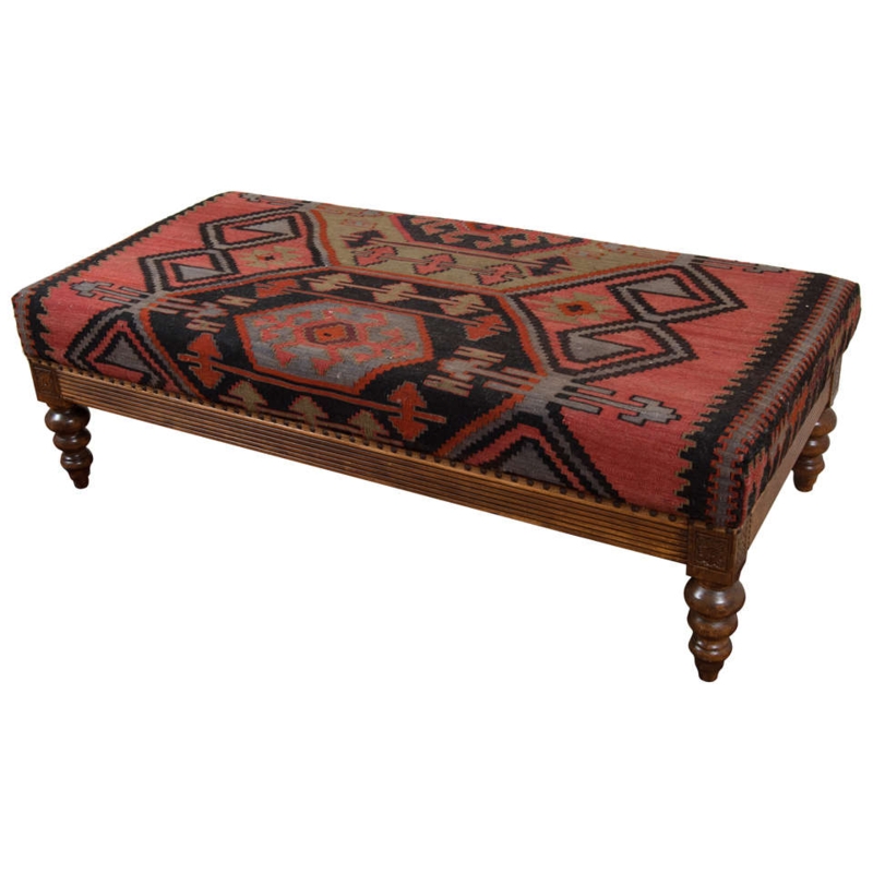 Vintage Kilim Upholstered Ottoman Bench with Wood Legs