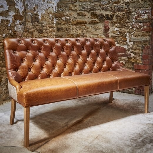 Vintage Leather Dining Bench with Tufted Backrest