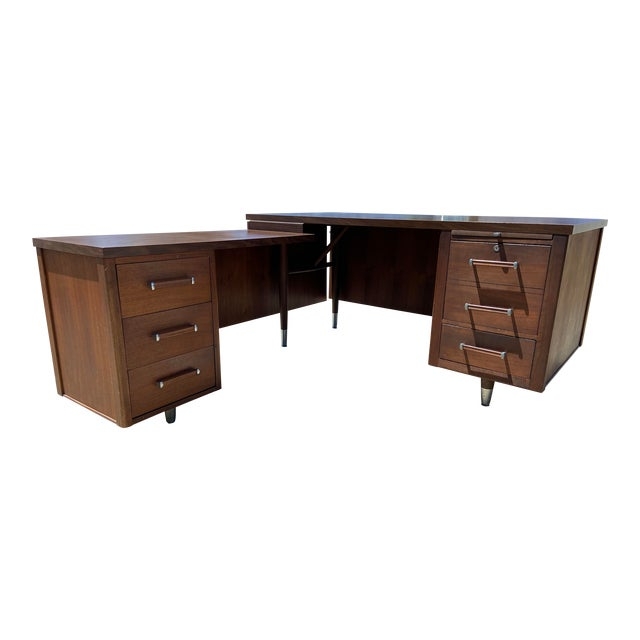 Vintage Mid Century Modern L-Shaped Wooden Desk