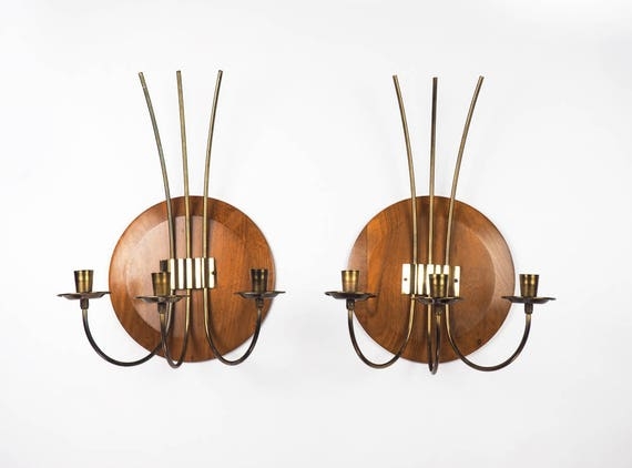 Vintage Mid-Century Modern Wood and Brass Wall Sconces