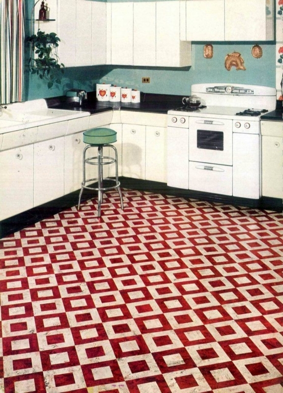 Vintage Red and White Retro Vinyl Kitchen Flooring