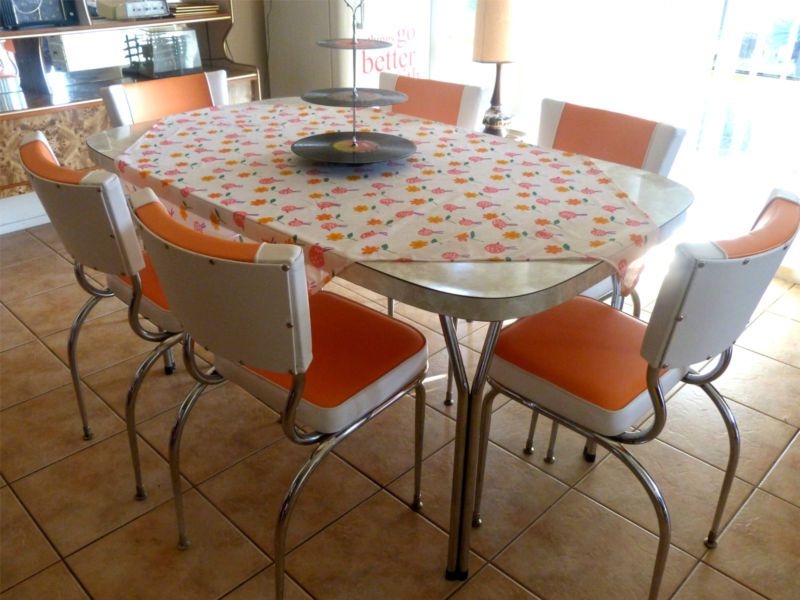 Vintage Retro Kitchen Table and Orange Chairs Set
