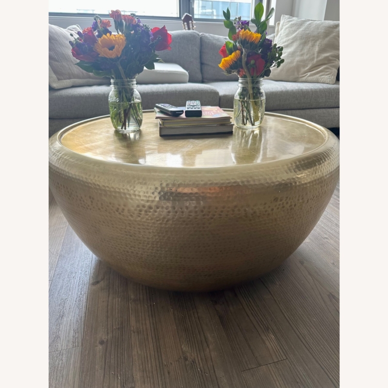 West Elm Gold Hammered Metal Drum Coffee Table