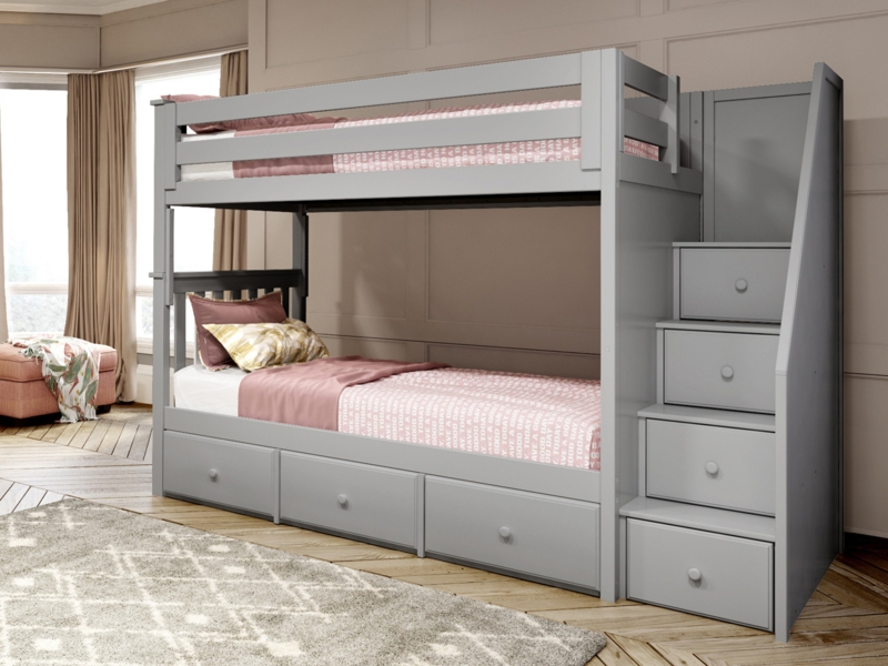 Light Gray Bunk Bed with Staircase and Underbed Drawers
