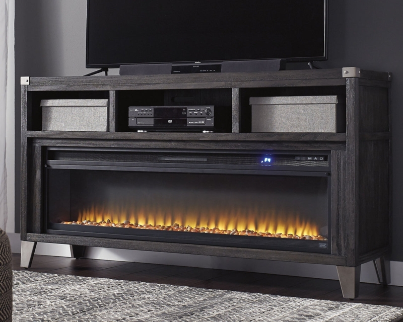Charcoal Fireplace TV Stand with River Rock Ember Bed Industrial