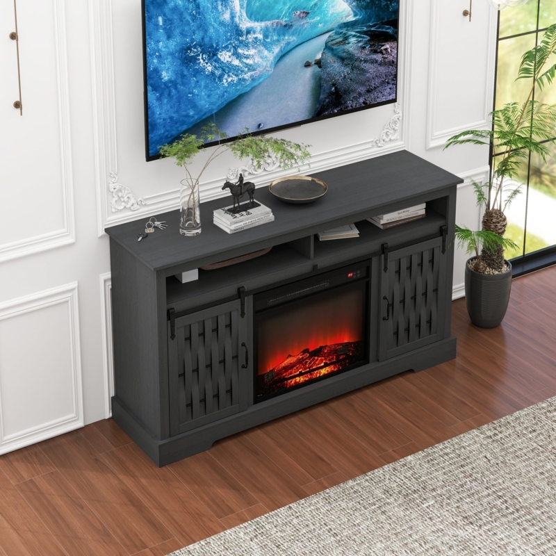 Fireplace TV Stand Charcoal Gray Sliding Barn Doors Woven Panels