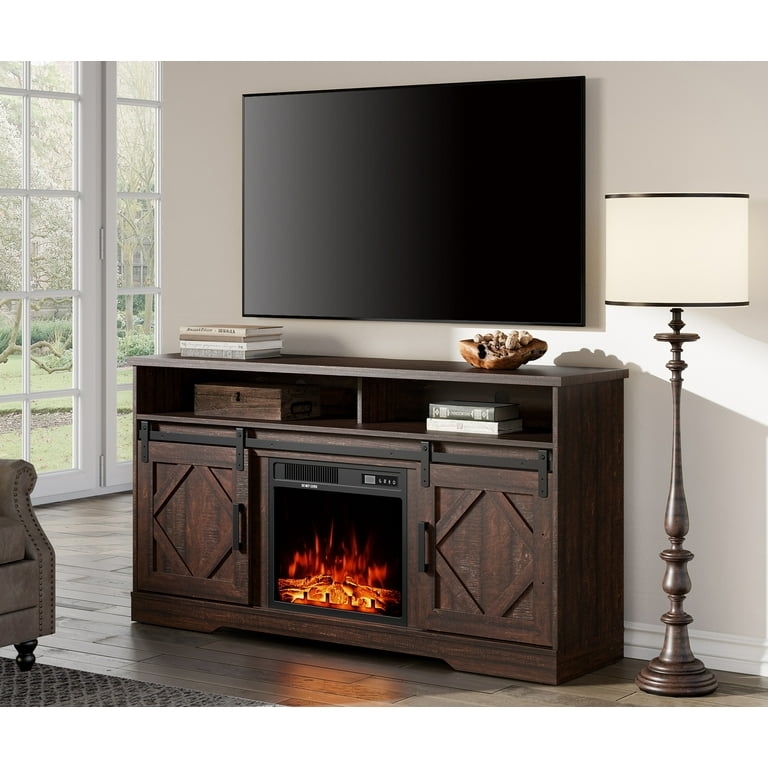 Fireplace TV Stand Dark Walnut Sliding Barn Doors X-Brace Panels