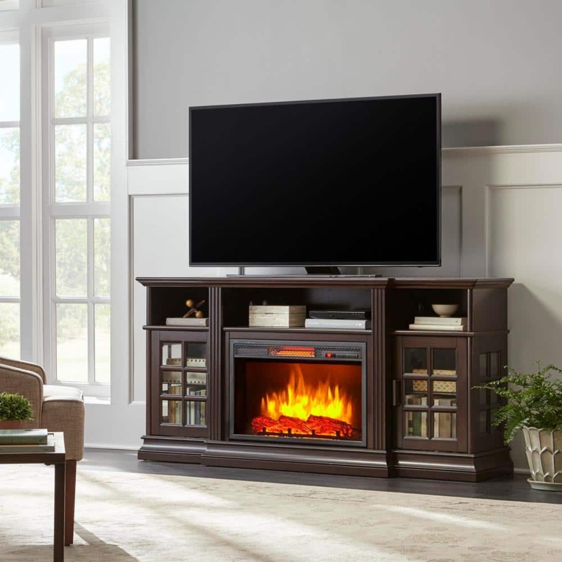 Fireplace TV Stand Espresso Brown Glass Mullion Doors Infrared Heater