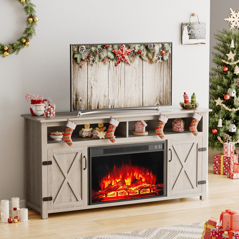 Fireplace TV Stand Light Oak Finish Barn Doors X-Brace Accents