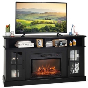 Fireplace TV Stand Matte Black Mullioned Glass Doors Farmhouse Style
