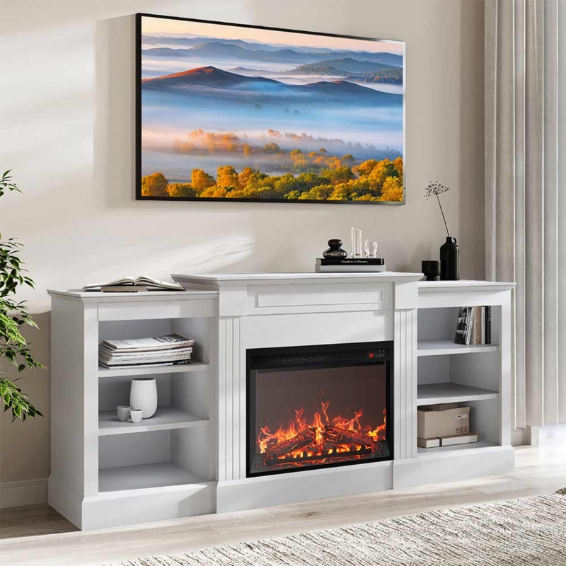 Fireplace TV Stand Matte White Fluted Pilasters Open Shelving