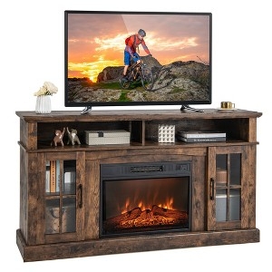 Fireplace TV Stand Rustic Brown Distressed Windowpane Muntins