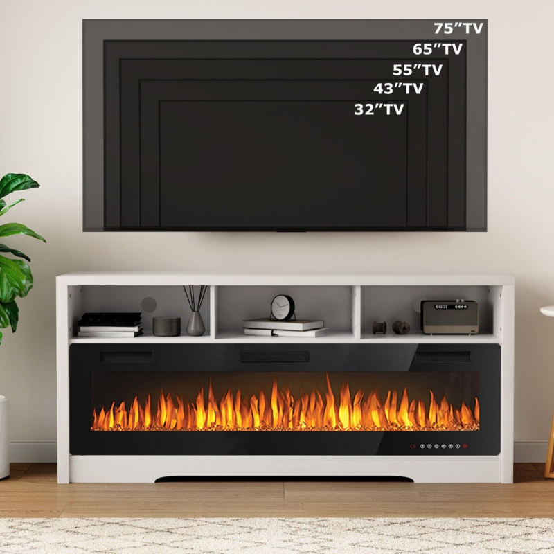 Fireplace TV Stand Stark White Minimalist Sixty Inch Firebox