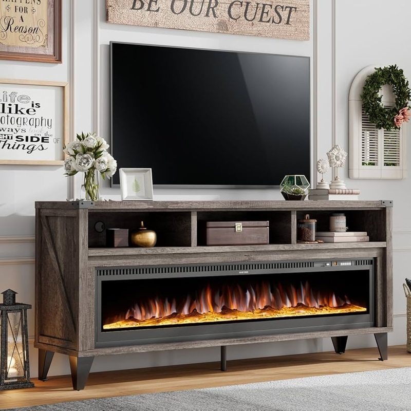 Fireplace TV Stand Weathered Gray Wide Electric Fireplace Angled Legs