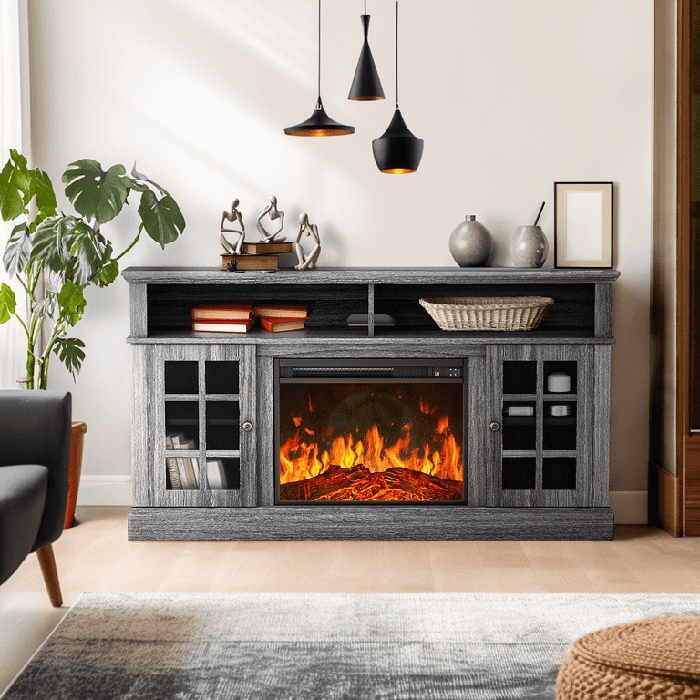 Fireplace TV Stand Weathered Grey Grid Mullion Doors Rustic Style