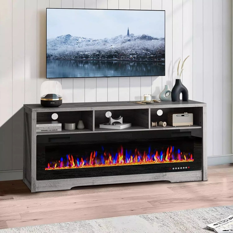 Fireplace TV Stand Weathered Grey with 60 Inch Electric Fireplace
