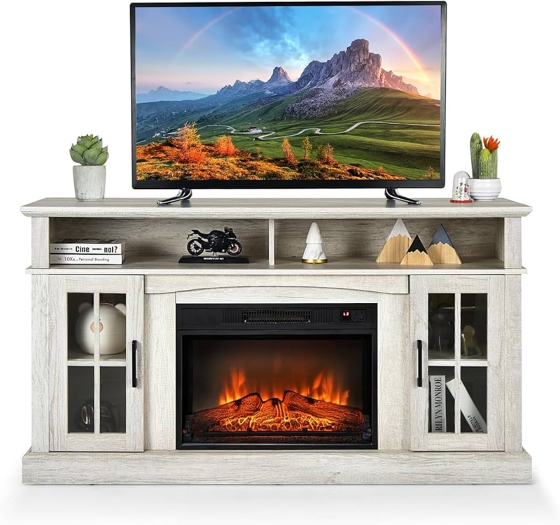 Fireplace TV Stand Whitewashed Finish Glass Mullion Doors Farmhouse
