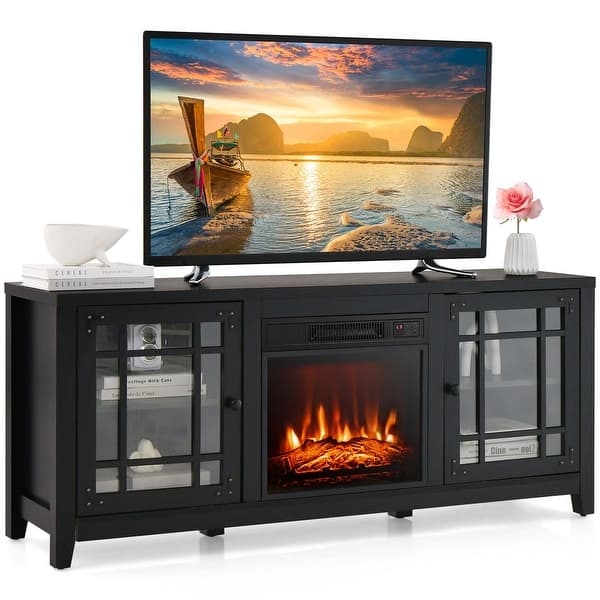 Matte Black Fireplace TV Stand Glass Mullion Doors Rivet Accents