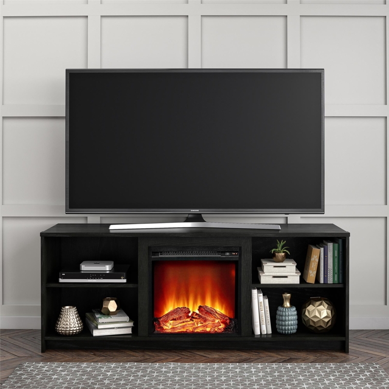 Media Console Fireplace Black Oak Open Storage Shelving