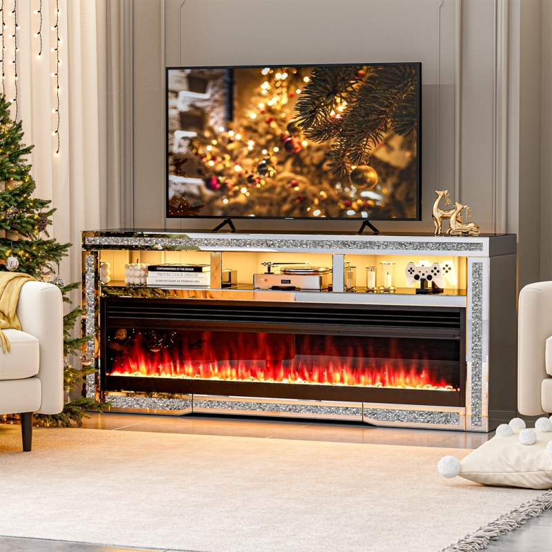 Mirrored Fireplace TV Stand Crushed Diamond Inlay Glam Style