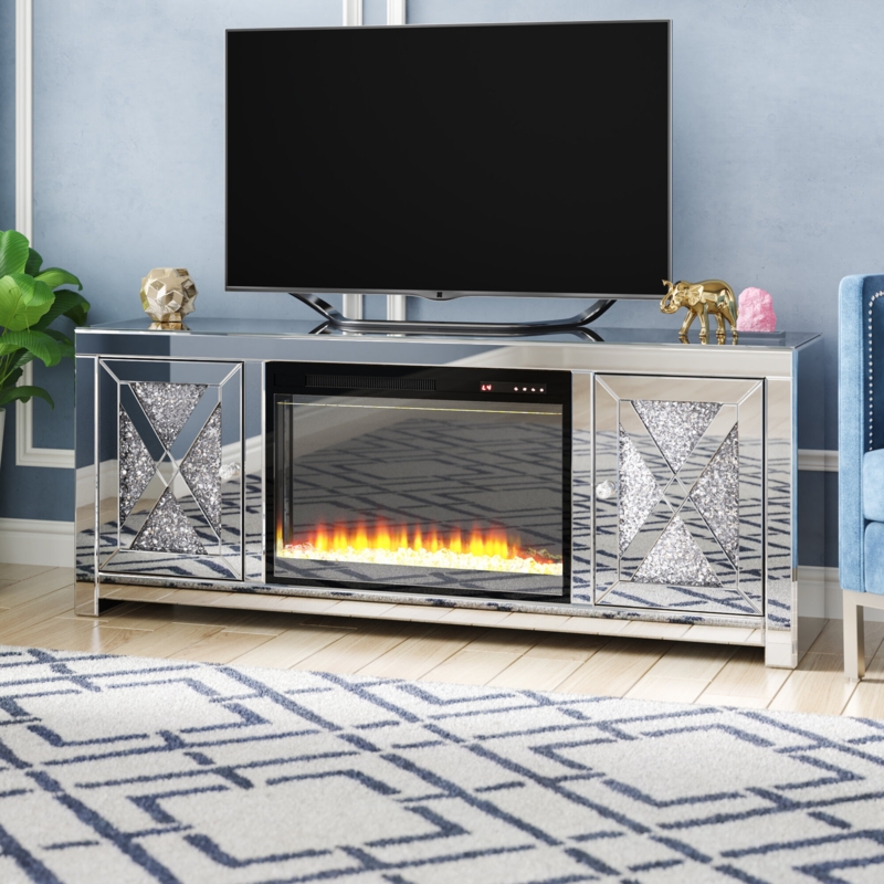 Mirrored Fireplace TV Stand Crushed Glass Doors X-Frame Detail