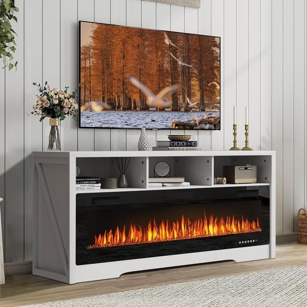 Modern Farmhouse Fireplace TV Stand X-Side Panels Wide Firebox