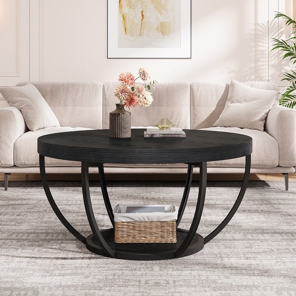 31.7" Round Coffee Table, Rustic 2-Tier Center Table with Storage Open  Shelves - Bed Bath & Beyond - 37259438