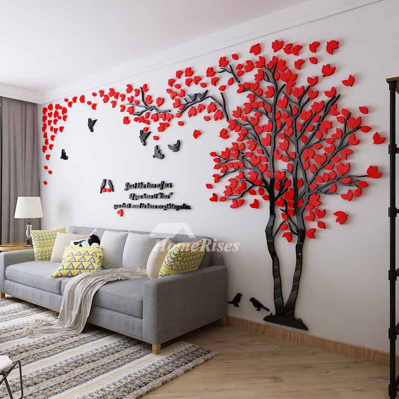 3D Tree Wall Decal with Red Acrylic Leaves, Large Scale Mural