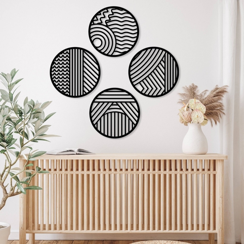 4-Piece Wall Art Set Matte Black Geometric Circles Linear Patterns